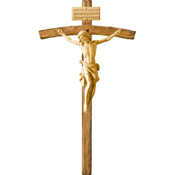 Cristo Pisa en cruz arqueada con Titulus Crucis en hebreo - latín - griego